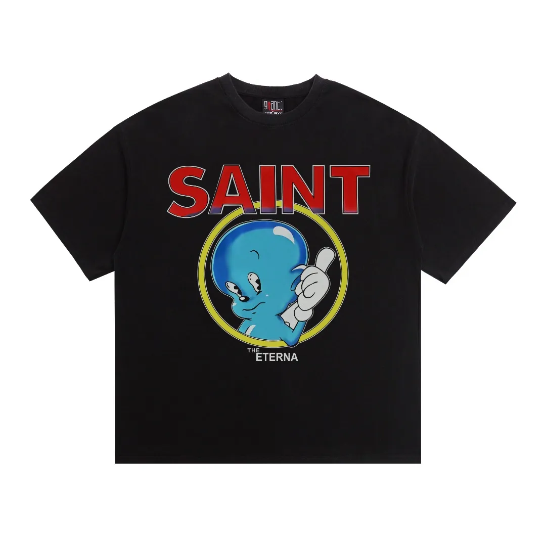 American Saint Michael retro angel baby printed short-sleeved heavy vintage washed and distressed loose casual T-shirt. Digital white ink direct injection. The fabric is breathable and the pattern is three-dimensional and clear. Fabric: Double yarn 240g Style number: S925 Size: S-M-L-XL Color: Washed black Price: P118